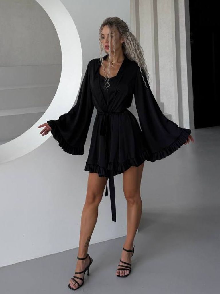 Чорний шовковий халат кімоно для пляжу та дому