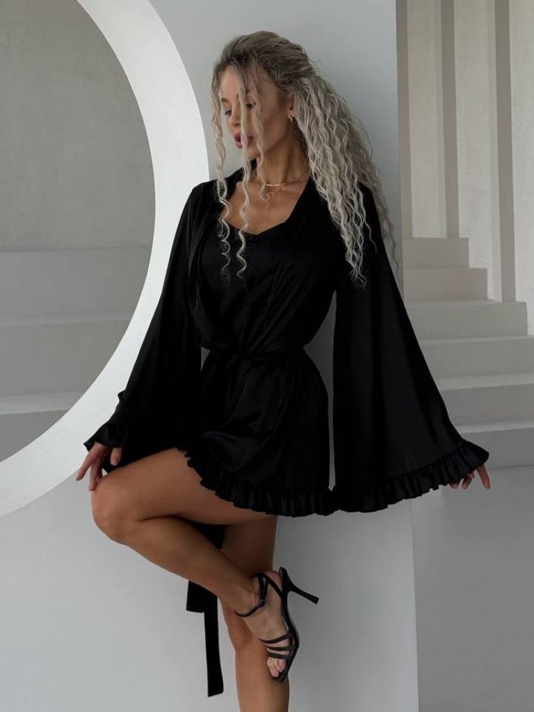 Чорний шовковий халат кімоно для пляжу та дому