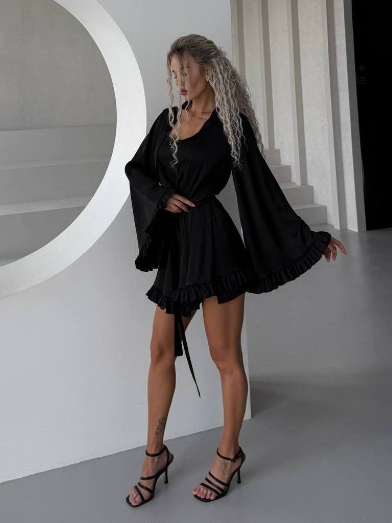 Чорний шовковий халат кімоно для пляжу та дому