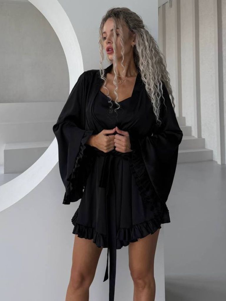 Чорний шовковий халат кімоно для пляжу та дому