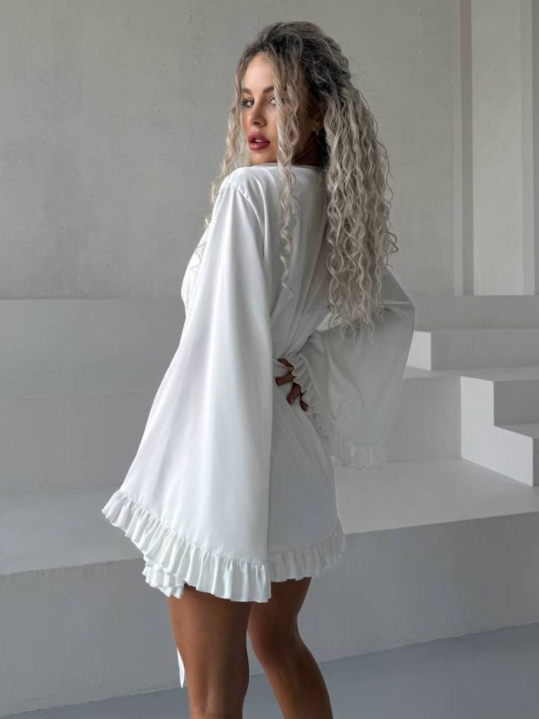 Молочний шовковий халат кімоно для пляжу та дому