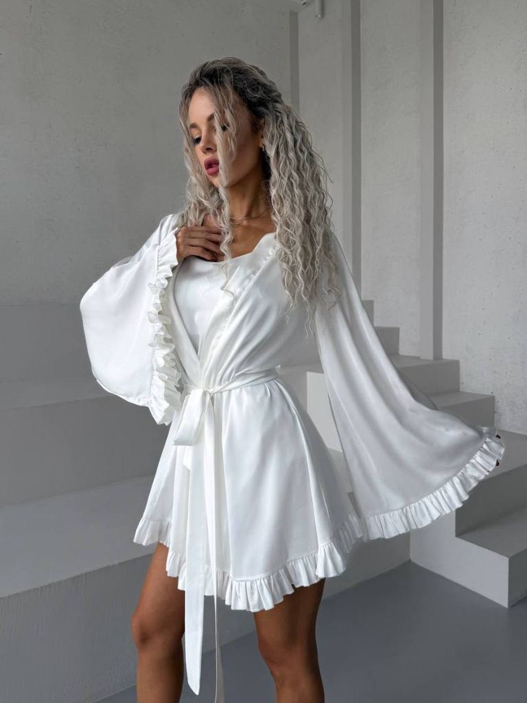 Молочний шовковий халат кімоно для пляжу та дому