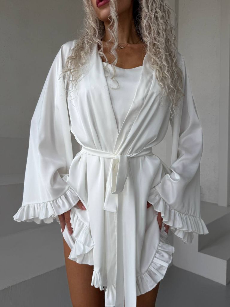 Молочний шовковий халат кімоно для пляжу та дому