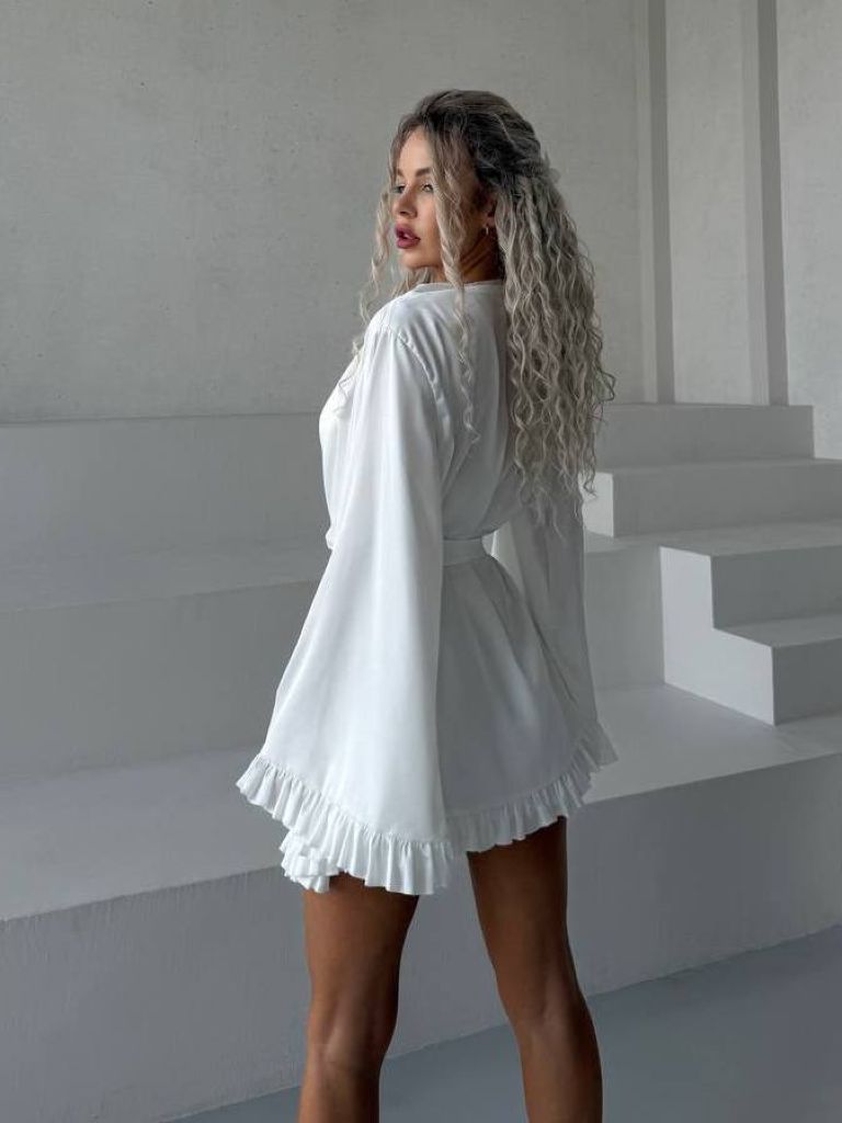 Молочний шовковий халат кімоно для пляжу та дому