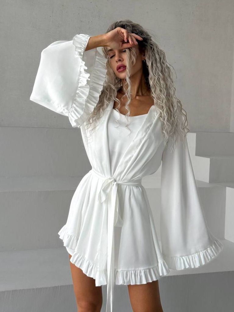 Молочний шовковий халат кімоно для пляжу та дому