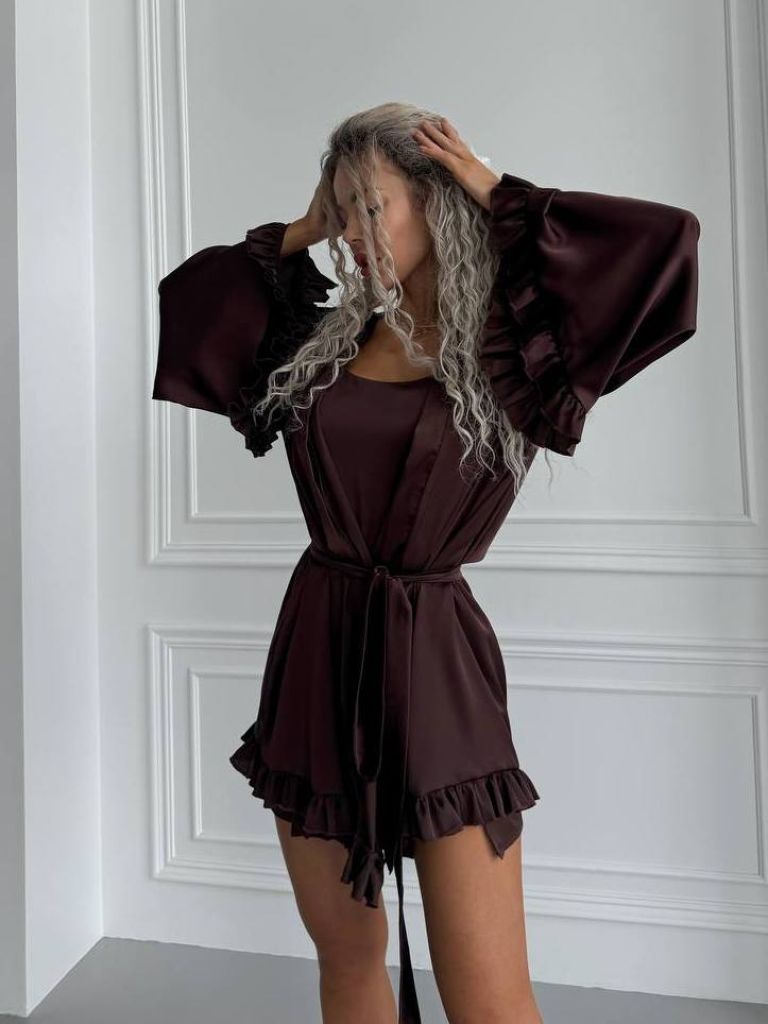 Шоколадний шовковий халат кімоно для пляжу та дому