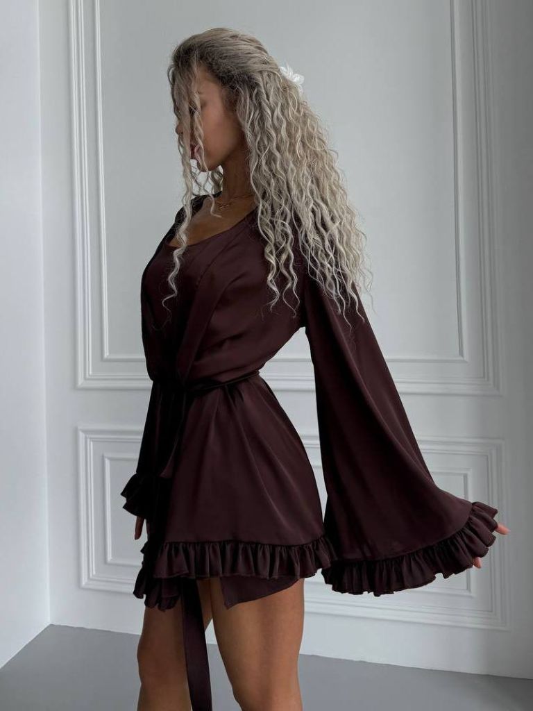 Шоколадний шовковий халат кімоно для пляжу та дому